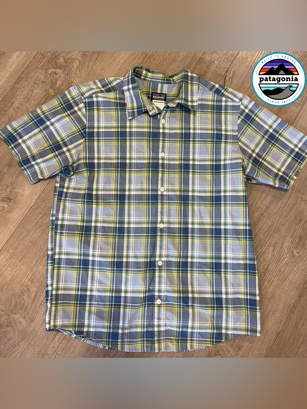 Patagonia Short-Sleeve Plaid Button-Down in Blue, Green & Yellow